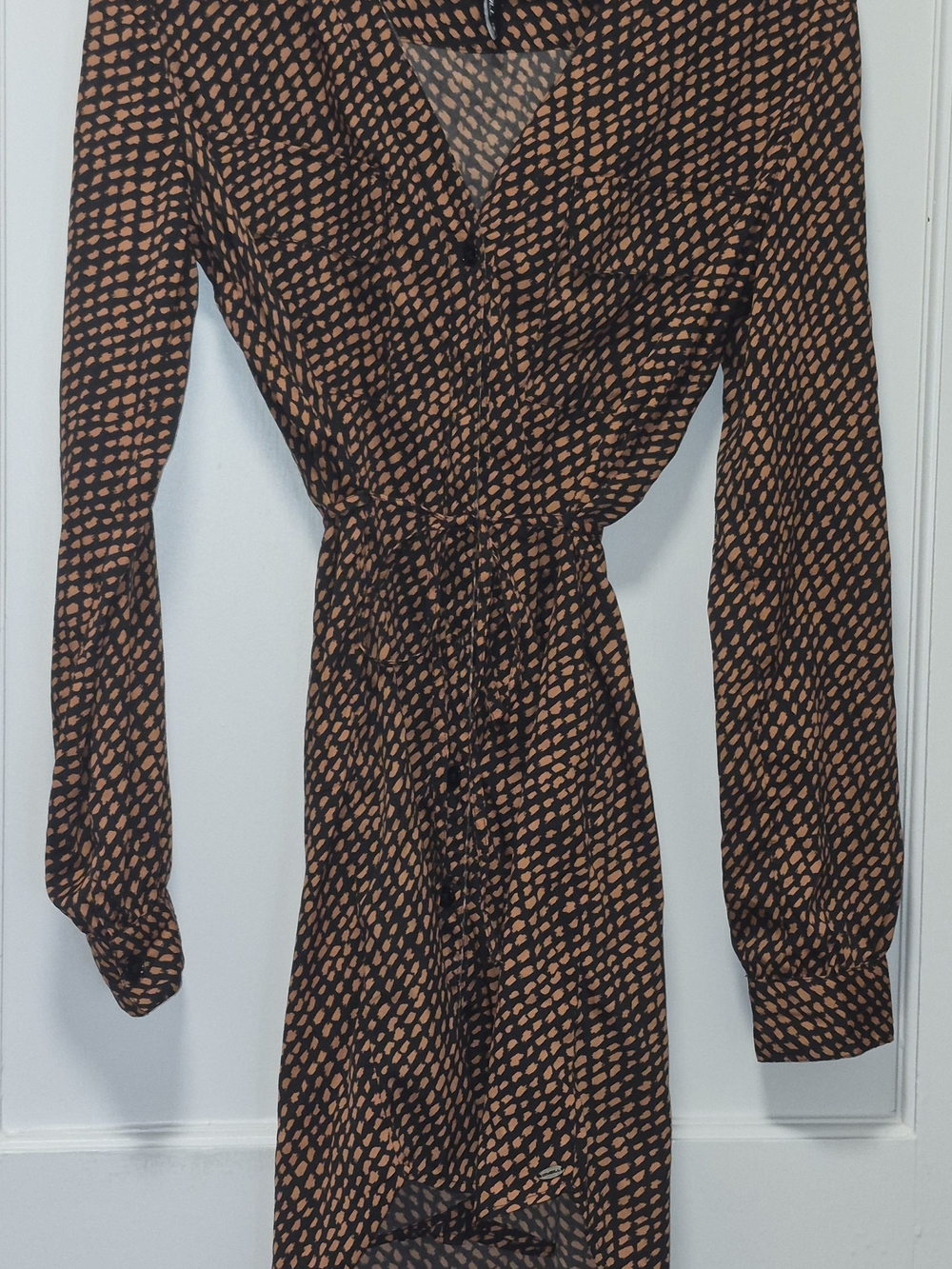 O'Neill Black Dress with Tan Dot Print Long Sleeve Wrap